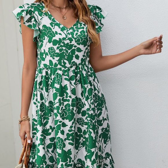 Floral V-Neck Flutter Sleeve Dress - Green - Picture 1 of 6
